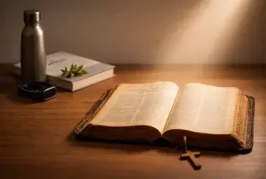 An ancient Bible illuminated beside modern wellness items, symbolizing the timeless, freely available wisdom versus the purchased peace of today.