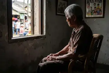 An elderly Filipino sitting alone in a dim, modest home, weathered hands in lap, with a faded family photo in the background, symbolizing the crisis of poverty and isolation facing aging parents