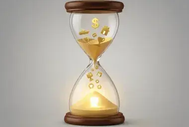 An hourglass with golden icons of wealth, status, and possessions in the top, dissolving into a single glowing heart at the bottom, symbolizing the eternal chase for happiness and the deeper fulfillment found in connection and presence