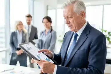 An older professional reviewing financial data in a modern office, symbolizing the experience and economic contribution of the aging workforce.