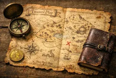 Antique treasure map and exploration tools for legendary lost fortunes