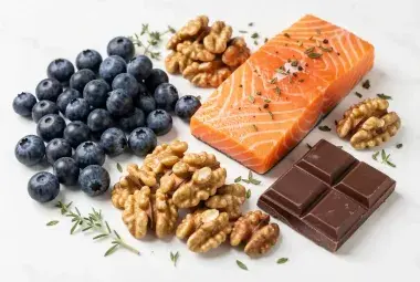 Assortment of brain-boosting superfoods including blueberries, walnuts, salmon, and dark chocolate