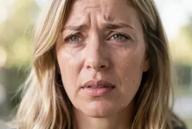 Close up of a person shedding tears in soft natural light symbolizing emotional release and healing