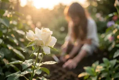 Close-up of a single flower slowly unfurling its petals in soft, golden light, with a faint silhouette of a person tending a lush garden in the background, symbolizing the soul's healing and unfolding like a garden