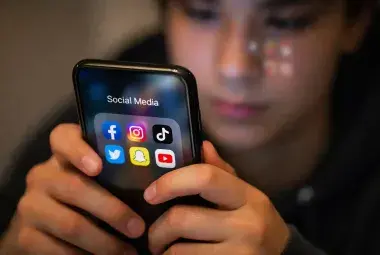 Close-up of a young person's hands holding a smartphone with visible social media app icons on the screen, their face softly reflected and out of focus