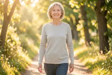 Confident middle-aged woman walking on a sunlit nature path, embodying vitality and balance during menopause