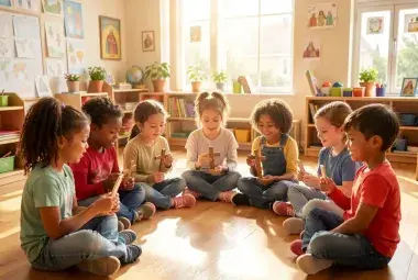 Diverse group of children in a circle holding symbols of different world religions