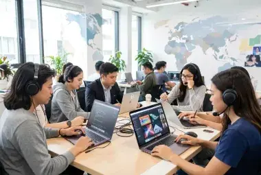 Diverse young Filipinos working in a modern co-working space on headsets and laptops