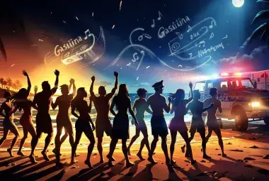 Dynamic illustration of a moonlit beach with a conga line fleeing a rave under police floodlights, a floating speaker, and a police truck, capturing the chaotic, unforgettable travel telenovela moment