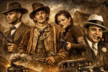 Famous outlaws collage featuring Jesse James Billy the Kid Bonnie and Clyde and Al Capone