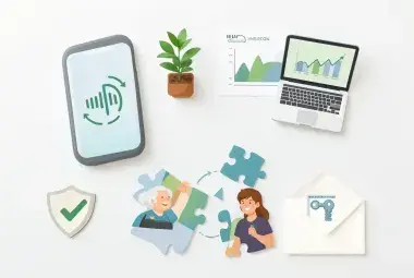 Flat-lay composition of symbolic items including a large-button phone, seedling, shield, interlocking puzzle piece, and digital envelope, representing the P1.2 trillion silver economy opportunities in aging populations