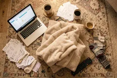 Flatlay of adulting chaos with laptop, bills, coffee, and a soft blanket and pillow for a nap