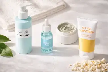 Flatlay of skincare essentials including cleanser, serum, clay mask, and sunscreen