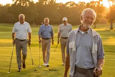 Four older men walking on a sunlit golf course, one smiling quietly to himself