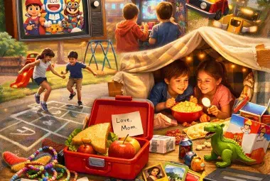 Happy childhood memories montage with cartoons, toys, and playground scenes