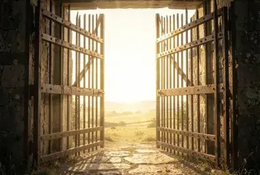 Heavy iron gates opening to a bright landscape beyond, symbolizing the weight, cost, and true purpose of freedom as a sacred responsibility