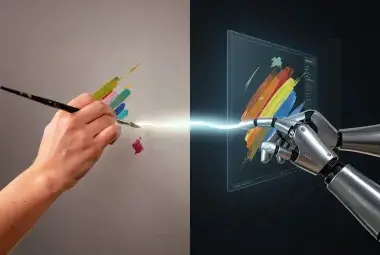 Human hand painting and robotic hand on digital screen, connected by a glowing line