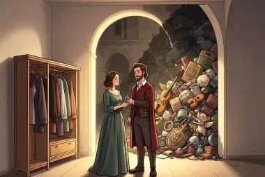 Modern Romeo and Juliet standing peacefully in a minimalist, sunlit room, with a massive, chaotic "Verona trash heap" of clutter visible outside the archway, humorously symbolizing the Shakespearean guide to decluttering and reuniting with what truly matters