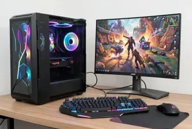 Modern gaming PC setup with colorful monitor display, keyboard, and mouse