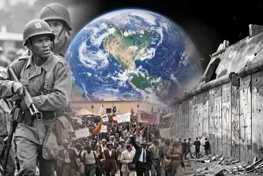 Montage of iconic 20th century events including war, moon landing, and civil rights march