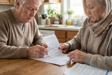 Older American couple quietly reviewing bills at home representing the financial cost of aging