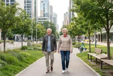 Older couple walking through a modern accessible park representing an ideal age-friendly city