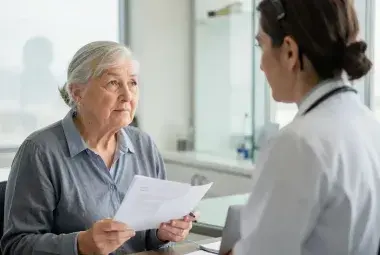 Older patient thoughtfully listening to a doctor, representing the balance between trust and personal agency in aging