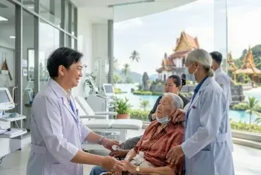 Older patient with caregiver in modern Southeast Asian clinic, tourist destination blurred in background