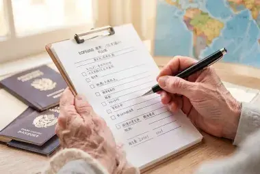 Older person's hands holding a retirement checklist with a passport and world map in background