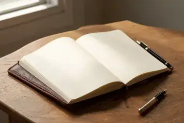 Open leather journal and fountain pen on a sunlit wooden desk, ready for writing