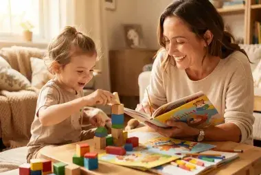 Parent and child happily building with blocks together during screen-free time