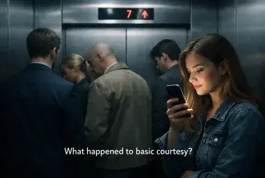 People standing silently in an elevator while a woman looks at her phone, with the caption “What happened to basic courtesy?”