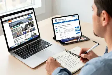 Person comparing policy information on laptop, tablet, and notebook at a desk