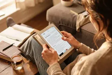 Person reading a book and using a tablet with coffee, representing blended lifelong learning