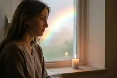Person sitting peacefully by a window, illuminated by soft morning light, with a fleeting rainbow outside and a steady candle flame inside, symbolizing the silent difference between temporary happiness and enduring joy