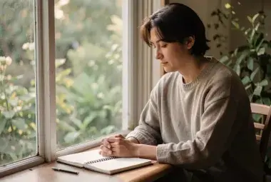 Person sitting peacefully in a garden writing in a notebook, representing mindful well-being