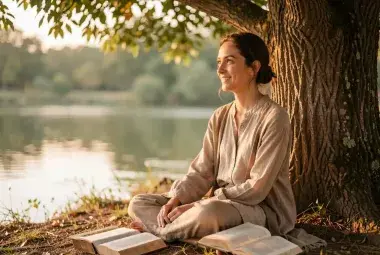 Person sitting peacefully in nature reading a book, bathed in warm light