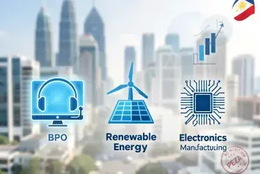 Philippines investment guide infographic: Icons representing BPO, renewable energy, and electronics manufacturing sectors with a modern cityscape background