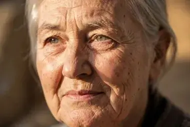 Powerful close-up portrait of an older person's face with warm, artistic lighting, celebrating their resilience, wisdom, and dignity in facing the challenges of aging