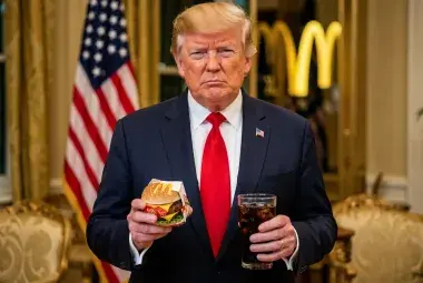 President Trump holding a Big Mac and Diet Coke with American flag backdrop