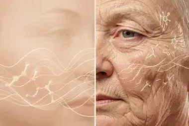 Scientific macro illustration comparing young, elastic skin structure with aging skin showing wrinkles and collagen loss, representing the science of skin aging after 40