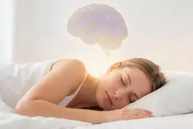 Serene woman sleeping with a faint, abstract brain outline above her, representing the link between menopause, sleep, and cognitive health