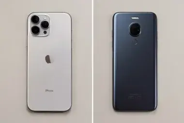 Side-by-side comparison of an iPhone and a Samsung Galaxy phone on a neutral surface