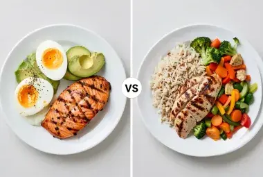 Split image comparing a keto plate with eggs and avocado to a low-calorie plate with chicken and rice