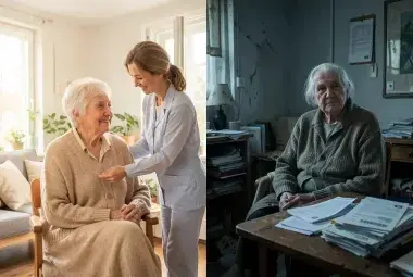 Split image contrasting a warm scene of an older person receiving dignified care in a bright home with a cooler scene of an older person alone with bills, representing Europe's elder care crisis and policy divide