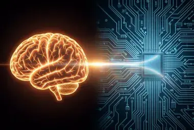 Split image of a glowing human brain and a circuit board connected by a line of light