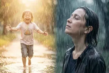 Split image of a joyful child running barefoot in warm rain and a contemplative adult standing still with face upturned in cool rain, symbolizing the heart's memory of innocence and the healing power of vulnerability