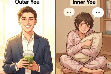 Split image of a person: one side a polished, smiling version with a latte in a bright setting labeled "Outer You," the other side a relaxed, pajama-clad version hugging a pillow in a cozy room labeled "Inner You," humorously depicting the contrast between public facade and private reality