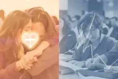 Split image of a warm hug on one side and a stressed person on the other, representing oxytocin and cortisol