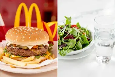 Split image showing a McDonald's burger and fries on one side and a healthy green salad with water on the other